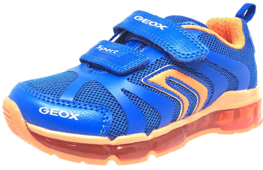 Shoes Geox Boy'S Casual Shoes | Geox Respira Boy'S Android Royal Blue & Orange Mesh Light Up Double Hook And Loop Sneaker