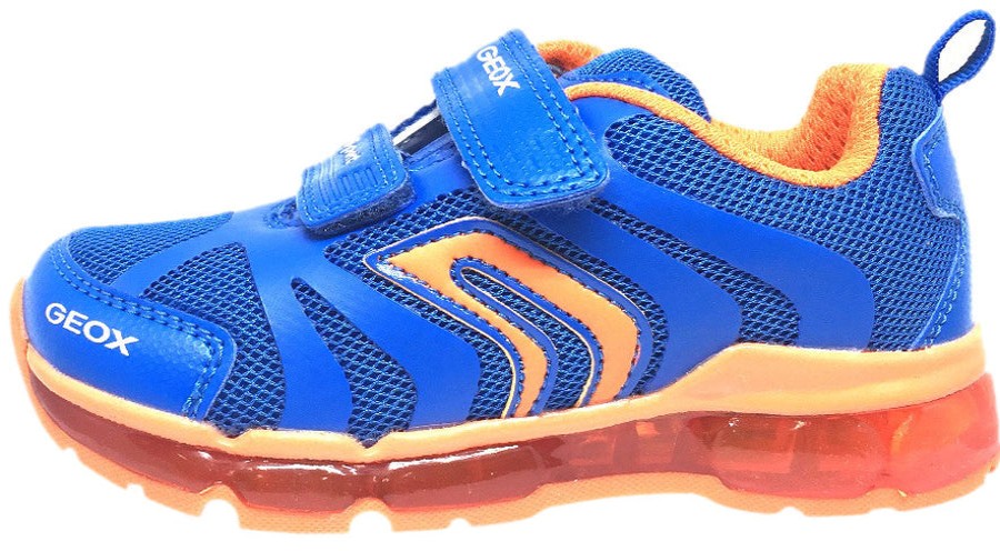 Shoes Geox Boy'S Casual Shoes | Geox Respira Boy'S Android Royal Blue & Orange Mesh Light Up Double Hook And Loop Sneaker