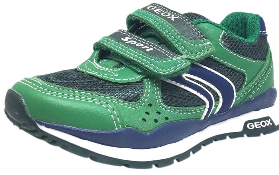 Shoes Geox Boy'S Casual Shoes | Geox Boy'S Pavel Green & Navy Double Hook And Loop Strap Sneaker