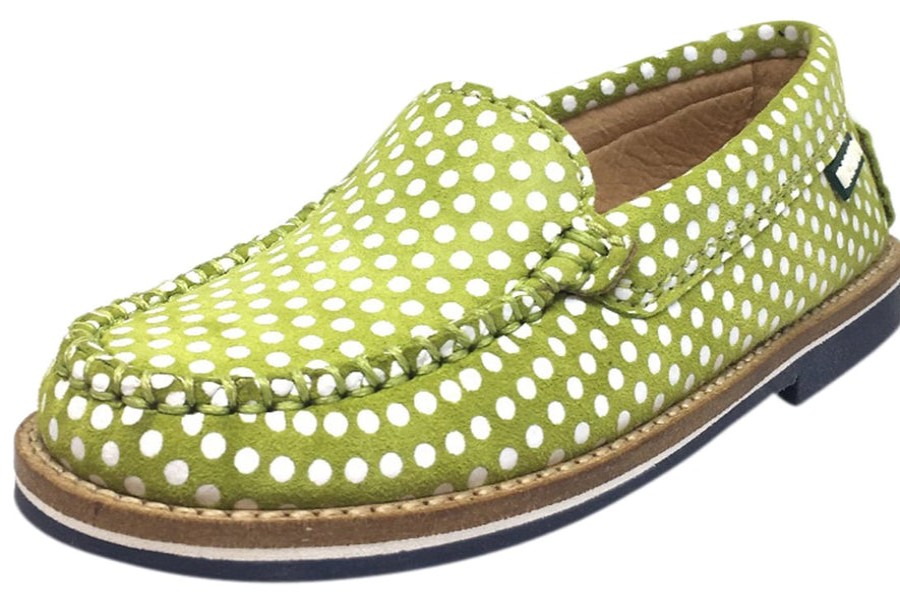 Shoes Fascani Boy'S Casual Shoes | Fascani Girl'S And Boy'S Bright Olive Green Soft Suede Polka Dot Print Slip On Moccasin Loafer