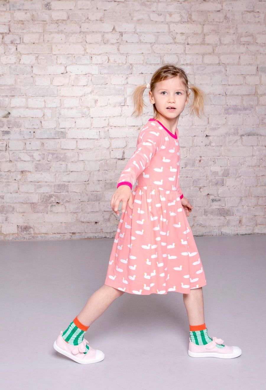 Clothes Moromini | Moromini 945 Pink Duck Long Sleeve Twirly Dress