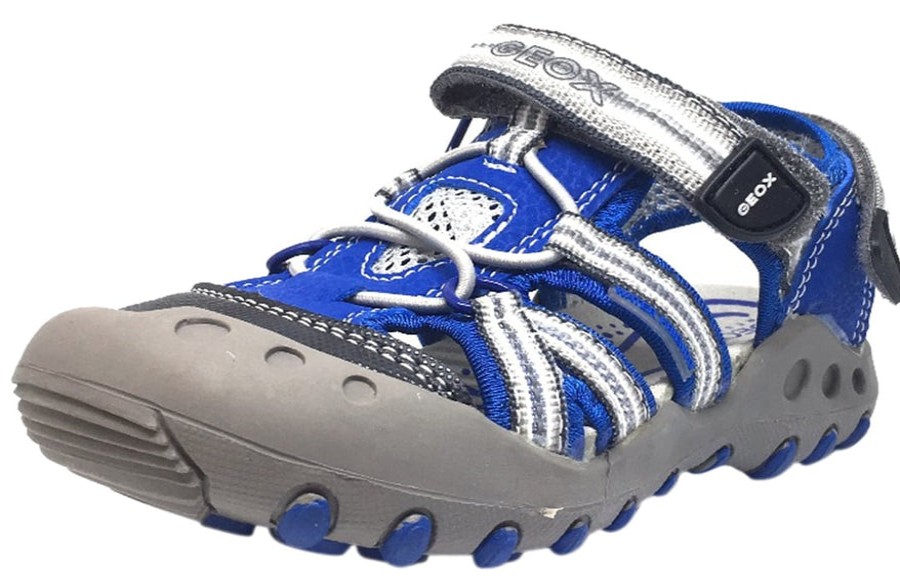 Shoes Geox Boy'S Casual Shoes | Geox Boy'S Kyle Royal Blue & Grey Single Hook And Loop Strap Bumper Toe Sandal