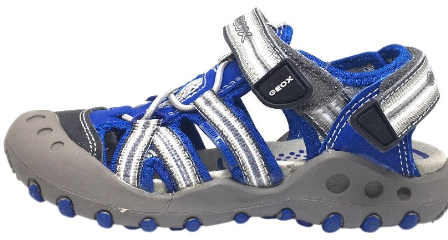 Shoes Geox Boy'S Casual Shoes | Geox Boy'S Kyle Royal Blue & Grey Single Hook And Loop Strap Bumper Toe Sandal