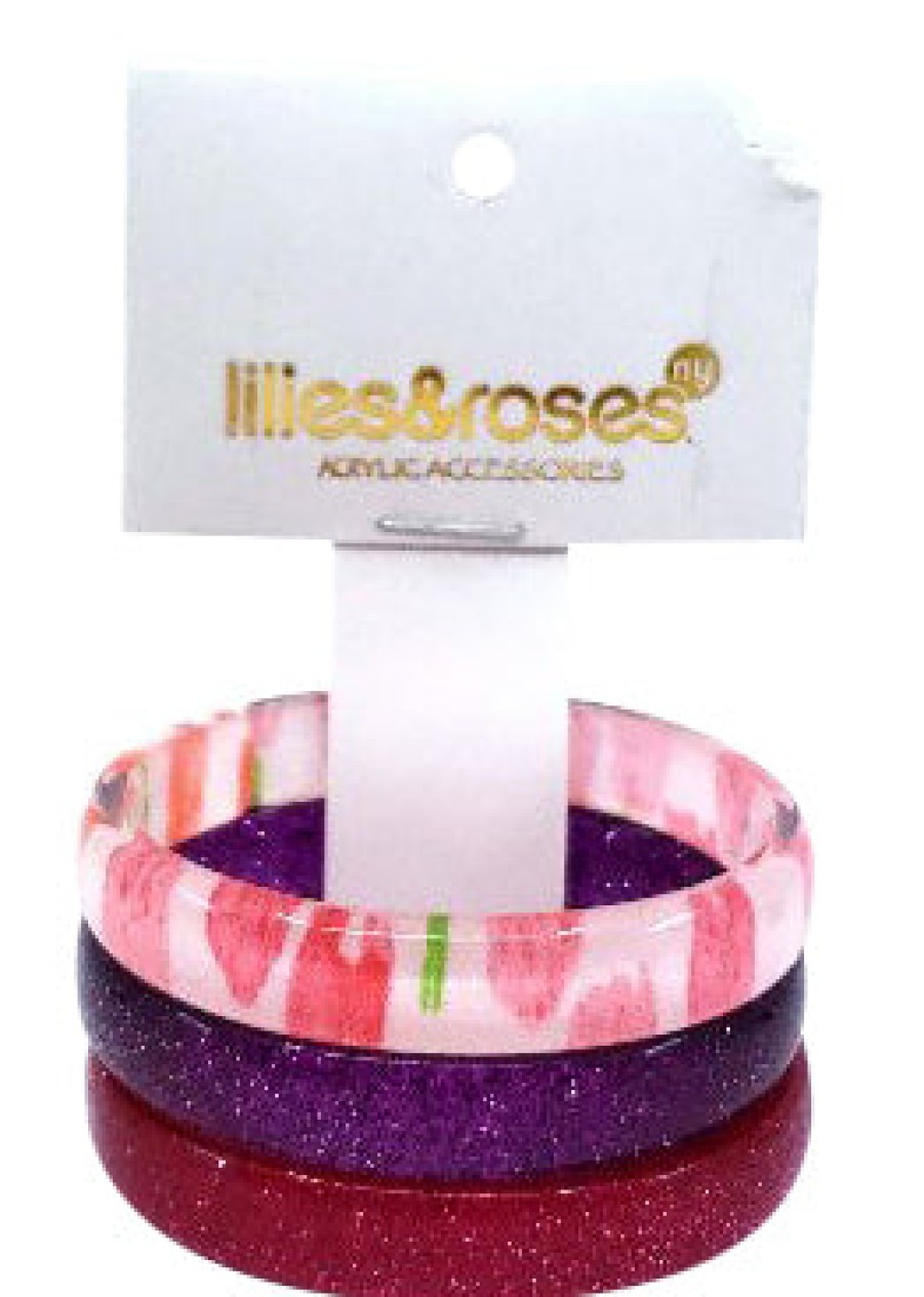 Accessories Lilies & Roses NY | Lilies & Roses Ny Fuchsia Glitter, Purple Glitter, Hearts Print 3-Pack Bracelet