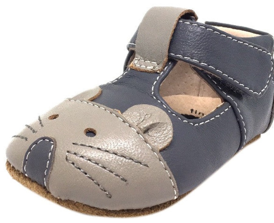 Shoes Livie & Luca Boy'S Casual Shoes | Livie & Luca Girl'S And Boy'S Scamper Smooth Gray Leather Mouse Character T-Strap Shoe With Hook And Loop Closure